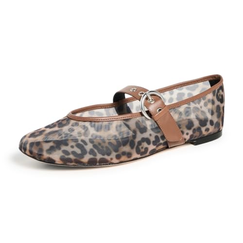 Leopard Print Mesh Ballet Flats for Women Classic Round Toe Mary Jane Flats Comfortable Buckle Strap Low Heel Ballerina Flats