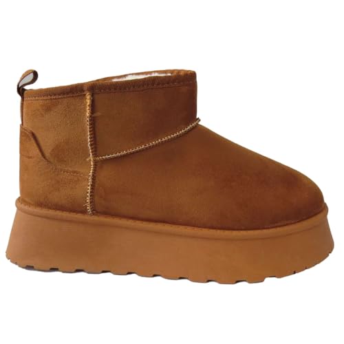 Image of Ladies Platform Ankle Boots, Faux Suede, Faux Fur Lined, Camel Brown (Camel Brown, UK Footwear Size System, Adult, Women, Numeric, Medium, 5)