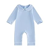 Lamuusaa Newborn Baby Girl Boy Clothes Peter Pan Collar Romper Long Sleeve Cotton Neutral Jumpsuit Infant Fall Winter Outfits (Sky Blue, 12-18 Months)
