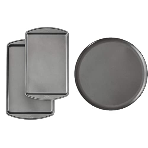 Wilton Perfect Results Premium Non-Stick Bakeware Cookie Baking Sheets Set, 2-Piece, Steel & Perfect Results Premium Non-Stick Bakeware Pizza Pan for Oven, 14-Inch Steel Pan