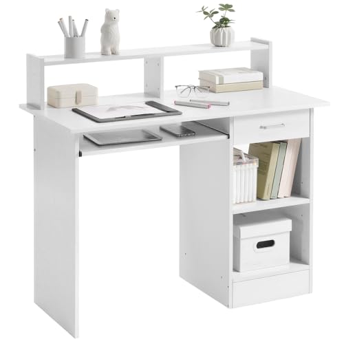 Yaheetech Computer Desk with Drawers Study Table with Storage Shelves Keyboard Tray 106x50cm for Home Office White