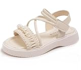 DADAWEN(ダダウン) サンダル 女の子 パール付きストラップ マジックテープ 子供用 夏サンダル 通学 お出かけ ベージュ 17.5cm