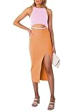 ANGGREK Women's Summer Sleeveless Cut Out Midi Bodycon Dresses Crew Neck Side Slit Ribbed Knit Tank