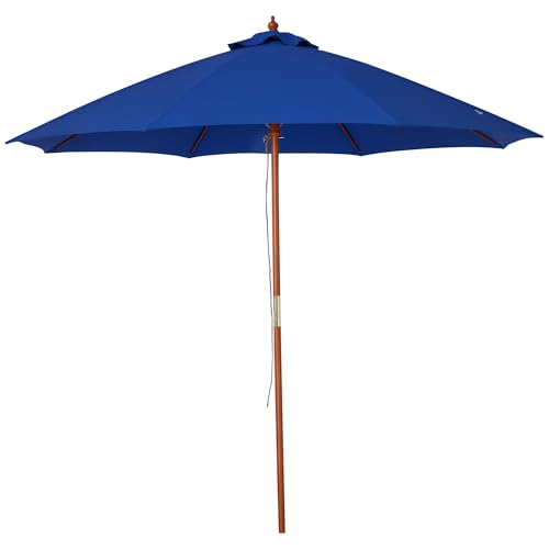 Outsunny 2.5m Garden Parasol Umbrella, Outdoor Market Table Umbrella with Wooden Pole & 8 Fibre Glass Ribs, Round Sun Shade Canopy, Blue