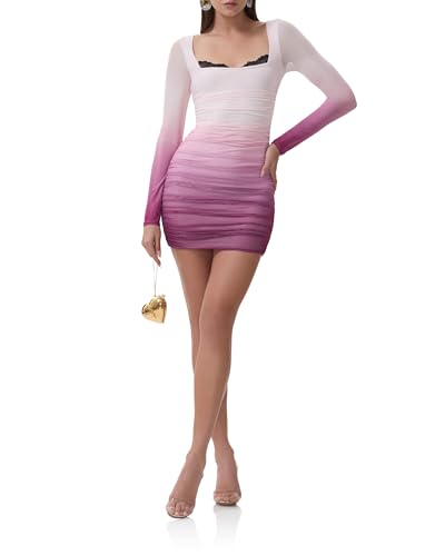 AFRM Women's Maygel Square Neck Long Sleeve Mesh Bodycon Mini Dress, Mauve Ombre, Small