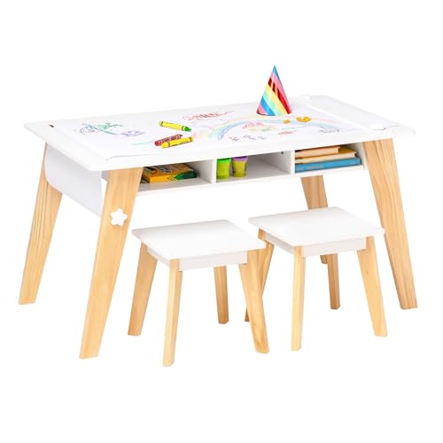 Wildkin Kids Arts & Crafts Table Set – Mid-Century Modern Design with 2 Stools, Storage Cubbies & Paper Roll - White