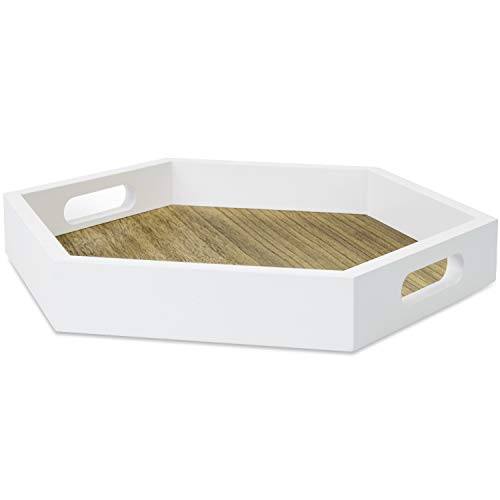 Mygift Hexagonal White Wood Decorative Tray With Handles And Burnt Wood Base, Geometric Serving Tray Ottoman Breakfast Tray #TOP5