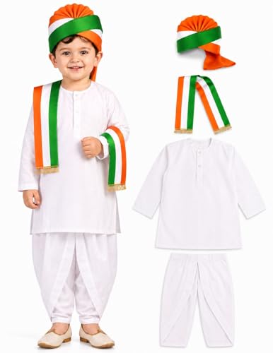 Image of BookMyCostume Tricolor Turban and Stole with Dhoti Kurta Indian Patriotic Independence Day Kids Fancy Dress Costume 5-6 years