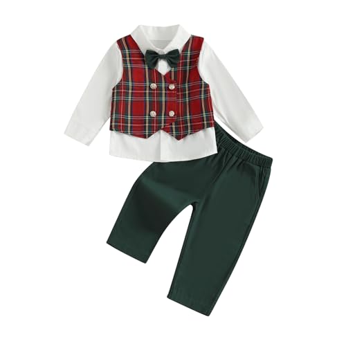kacubwyy Toddler Boy Suit Christmas Gentleman Outfit Bow Tie Plaid Vest Button Down Shirt Elastic Pants Xmas Formal Outfits (Green, 2-3T)