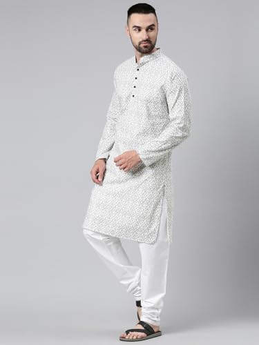 Majestic Man Men's Cotton Regular Fit Casual Mandarin Collar Ethnic Motifs Printed Long Regular Kurta