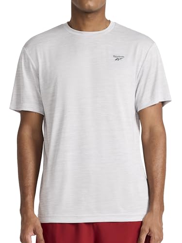 Image of Reebok Mens Small Logo Short Sleeve Crewneck T-Shirt, Standard Fit, Breathable Lightweight Stretch Knit Fabric, Chrome Heather - Trophy, XL