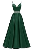 V-Neck Prom Dresses Long Spaghetti Straps Satin Beaded Ruched Aline Evening Wedding Party Ball Gowns for Women Green 12