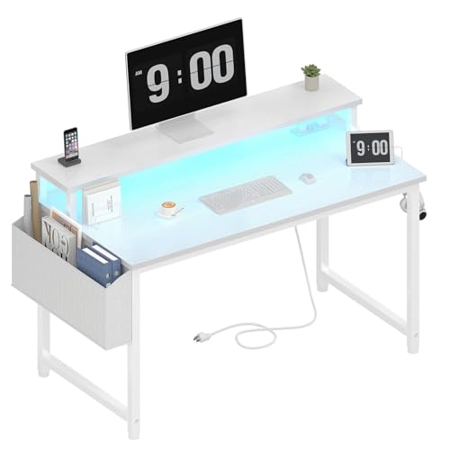 Lufeiya White LED Computer Desk with Power Outlets
