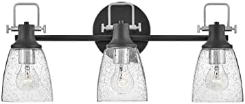 Hinkley Easton Three Light Bath Vanity Fixture, Modern Industrial, Clear Seedy Glass Shade, Mounts Up or Down, Black and Chrome