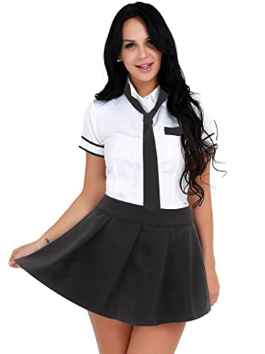 FEESHOW Women School Girls Uniform Set Cosplay Costume Tie Top shirt with Plaid Skirt