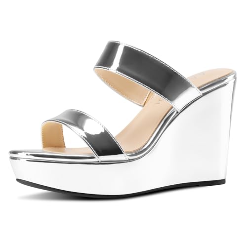 Aachcol Womens Slip-on Platform Wedge Sandals Open Toe High Heel Two Strap Wedge Mules Slides Prom Summer Dress Shoes 3.9 Inches Heels Silver 9 M US