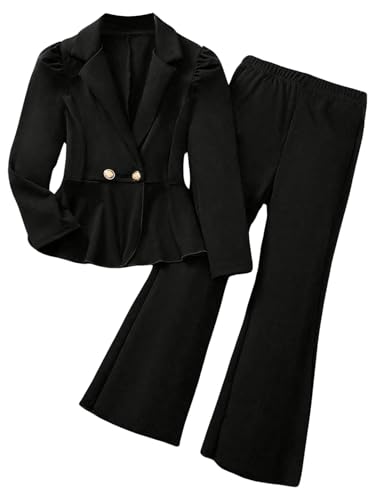 OYOANGLE Girls Formal Wear 2 Piece Outfits Button Ruffle Hem Puff Sleeve Blazer and Flare Pants Suit Set Black 12Y