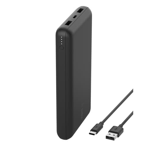 Belkin tragbares USB-C-Ladegerät, 20.000mAh, 20K Powerbank mit USB-C-Ein-/Ausgang und 2 USB-A-Anschlüssen mit USB-C/USB-A-Kabel für iPhone, Galaxy, Pixel, iPad, AirPods und andere Geräte – Schwarz