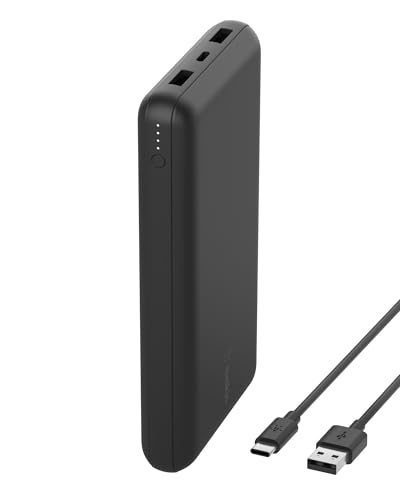 Belkin tragbares -Ladegerät, 20.000mAh, 20K Powerbank mit -Ein-/Ausgang und 2 USB-A-Anschlüssen mit USB-C/USB-A-Kabel für iPhone, Galaxy, Pixel, iPad, AirPods und andere Geräte – Schwarz