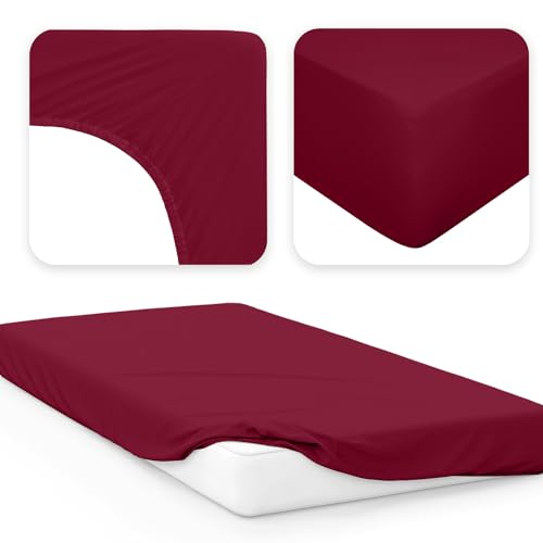 Jacobson Jersey Spannbettlaken Spannbetttuch Baumwolle Bettlaken (140x200-160x200 cm, Bordeaux) – Ansicht 2