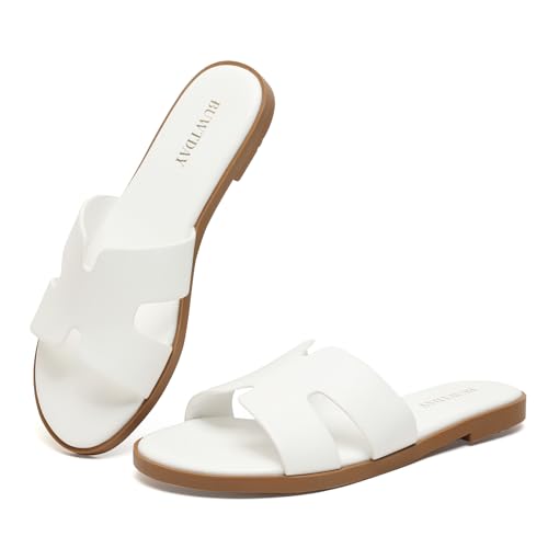 Image of Womens Flat Sandals Dressy Summer Slides Comfortable Casual Open Toe Vacation Sandals Slip On Slides Leather Sandals for Women