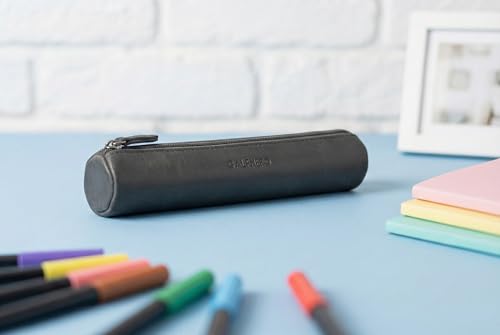 Image of Calfnero Genuine Leather Pen-Case for Men & Women | Premium Black Leather Pencil-Pouch with Zipper | Cylindrical Pen-Holder Organizer for Pen, Pencils & Stationery | Unisex Pen-Sleeve