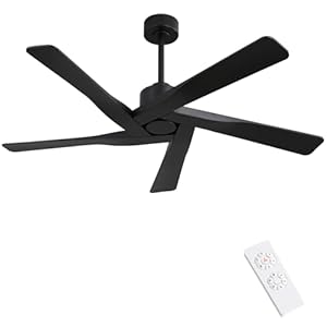 WINGBO 54″ ABS DC Ceiling Fan No Light, 5 Blade ABS Plastic Ceiling Fan with Remote, 6-Speed Reversible DC Motor, Ceiling Fan without Light for Kitchen Bedroom Living Room, Matte Black