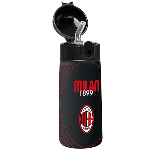 Seven Trinkflasche – A.C. Milan Fußball, Schwarz Rot, Thermosflasche aus Edelstahl für den Innen- und Außenbereich, Temperaturbeständigkeit bis zu 24 Stunden, Trinkflasche für Kinder