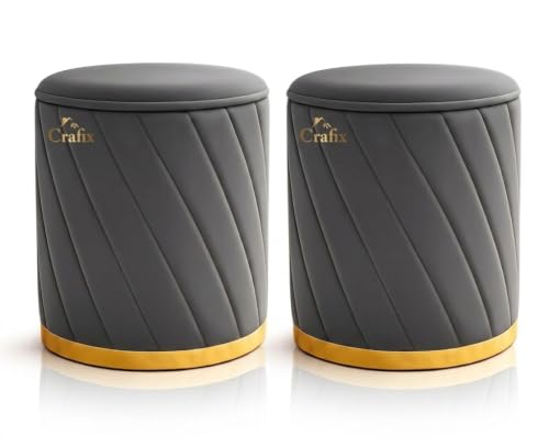 Image of Luxury Velvet Ottoman Stool for Living Room & Bedroom | Premium Round Pouffe with Gold Metal Base | Modern Footrest, Extra Seating & Home Decor (Grey Set of 2)