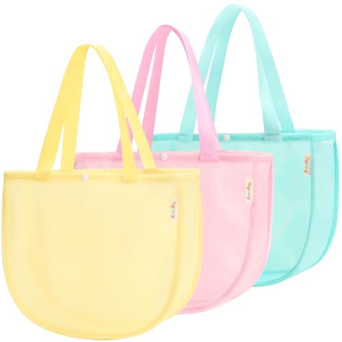 Tagitary Beach Toy Mesh Beach Shell Bags for Kids, Sand Toys Kids Beach Essential Treasure Bag Swimming Pool Bag Storage Bag Beach Gift for Boys and Girls(Only Bags,A Set of 3), Yellow+Pink+Blue by Tagitary - Used condition - US$12.48
