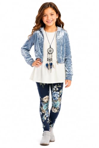 Image of iGirlDress Girls 4 Pieces Pant Set Long Sleeve Jacket Necklace Floral Plaid Pant 4-16