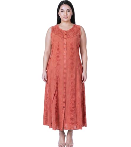 Image of Sakkas Maya Floral Embroidered Sleeveless Button Up Rayon Dress