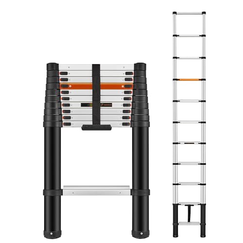 ICARRY Telescoping Ladder 10.8 FT Aluminum Ladder, 300lb Capacity Safety Extension Ladder, Soft Close Collapsible Ladder with Non-Slip Feet, Multi-Purpose Compact Ladder for Home, RV, Loft