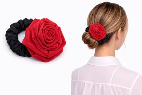 Image of Satin Scrunchies Hair Bands for Women | No-Damage Elastic Hair Ties for Ponytails & Buns | Fluffy & Stylish Rubber Bands | Free Size | Pack of 1 (Coral Red Rose)