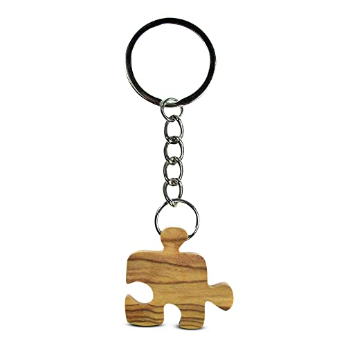 Puzzle Piece Keychain for Couples – Olive Wood One Piece Keychain for Valentines Day Gifts for Boyfriend, Girlfriend, or Friends – Friendship Keychain w/Stainless Steel Chain & Ring