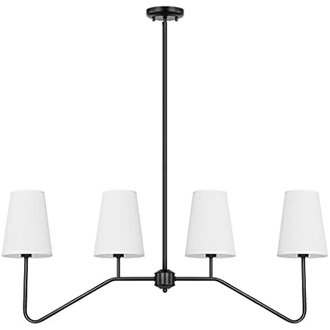 Brightever Linear Chandelier—Kitchen Island Lighting, 4-Light Black Chandeliers for Dining Room Light Fixture Over Table, Modern Pendant Lights with White Fabric Shades(Bulb not Included) Cover