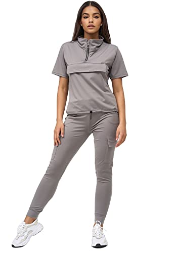 EGOMAXX Damen Freizeit Trainingsanzug | Basic Jogginganzug Cargo Taschen | Stretch Fitness Suit Set Lang & Kurzarm, Farben:Hellgrau, Größe:S-M Cover