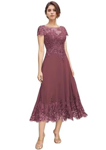 Mother of The Bride Dresses for Wedding Tea Length Short Sleeves Lace Chiffon Formal Dress for Women