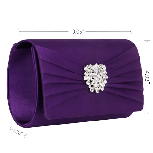 Image of Evening Bags For Women Pleated Satin Rhinestone Brooch Prom Clutch Purse With Detachable Chain Strap