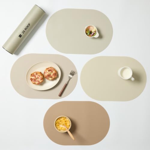Oval Silicone Placemats Set of 4, 18.1 x 12.2 Inch Large Heat Resistant Non Slip Table Mats, Waterproof Dishwasher Safe Placemats for Dining Table, Japandi Minimalist Kitchen Decor, Beige Combo
