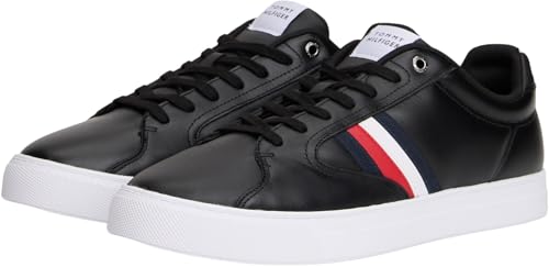 Tommy Hilfiger Baskets Cuvette Homme Icon Court Stripes en Cuir, Noir (Black), 45