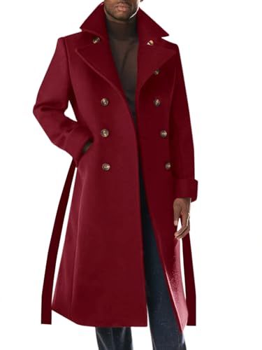 Image of Runcati Mens Trench Coat Notch Lapel Double Breasted Belted Pea Coat Wool Blend Winter Warm Overcoat