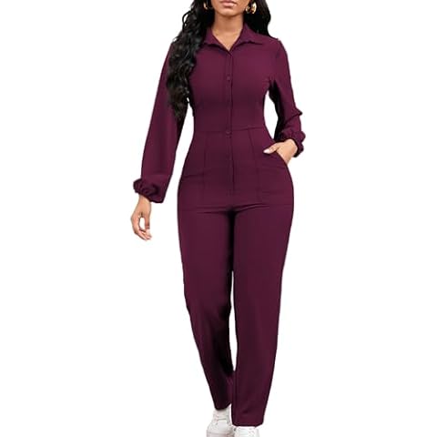 Women's Casual One Piece Jumpsuit Bodycon Long Sleeve Button Up Long Straight Pants Romper with Pocket Cover