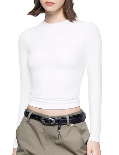 Veriliss T-Shirt Girocollo A Maniche Lunghe da Donna Crew Neck Slim Fit Tops con vestibilità Classica(Bianco,M)