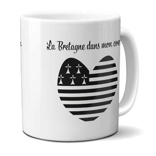 DECOHO - Mug Bretagne dans mon cœur - Tasse cadeau symbole Breton - 33 cl, Céramique - Imprimé en France - Blanc