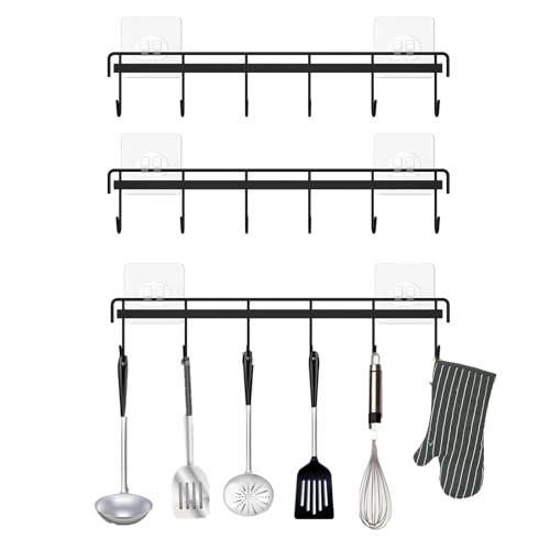 FULUDM Wall Utensil Hanger for Kitchen Rail - 3 Pack Wall Mounted Adhesive Hanging Holder Rack Organizer with 6 Hooks No Drilling (Black)