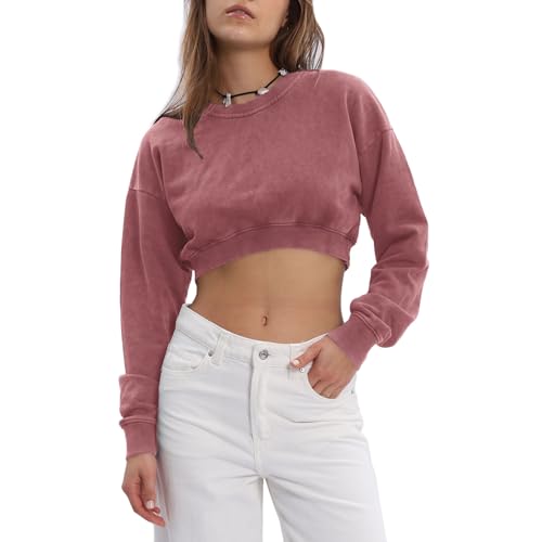 Amazhiyu Womens Cropped Hoodies Pullover, Cotton Long Sleeves Crewneck Acid Wash Hoodies for Casual Wear Brown L
