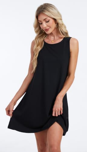 Image of elescat Summer Dresses for Women Boho Sleeveless Pocket Tshirt Sundresses