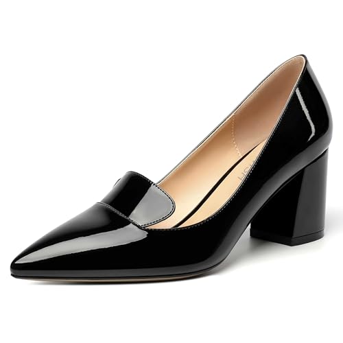 ROSERWISH Womens Slip On Pointed Toe Elegant Sexy Patent Party Chunky High Heel Pumps Dress Shoes 2.5 Inch