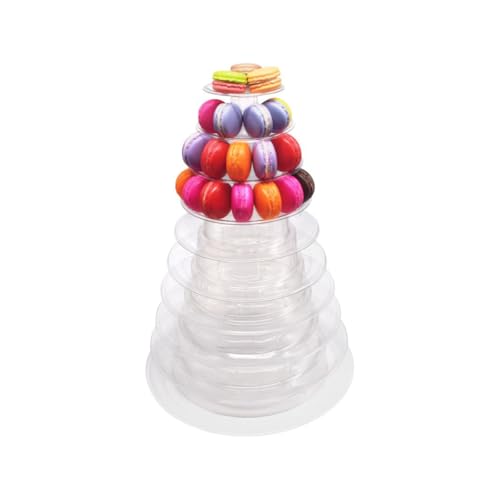 AIMALL 10-Tier Macaron Display Stand - 17.3" Tall Clear Plastic Cake Tower for 4-5cm Macarons, Wedding Dessert Stand, Round Multi-Layer Serving Tray